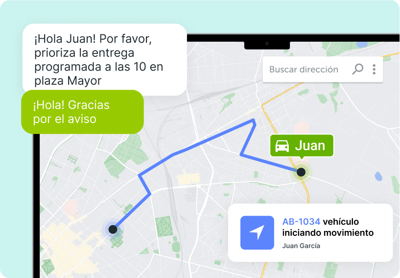 La sección Mapa de la plataforma Mapon con la ruta de un repartidor resaltada.