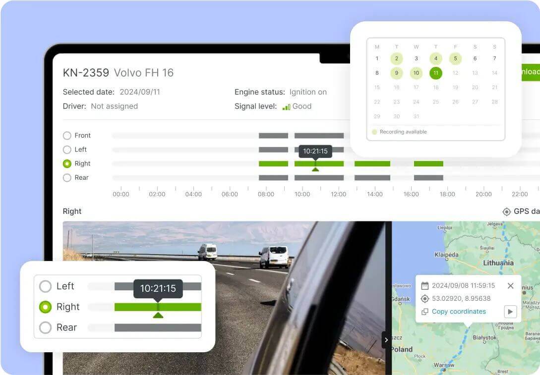 A collage of video frames and screenshots from the Mapon fleet camera management software, demonstrating user access to memory cards of fleet dash cams.