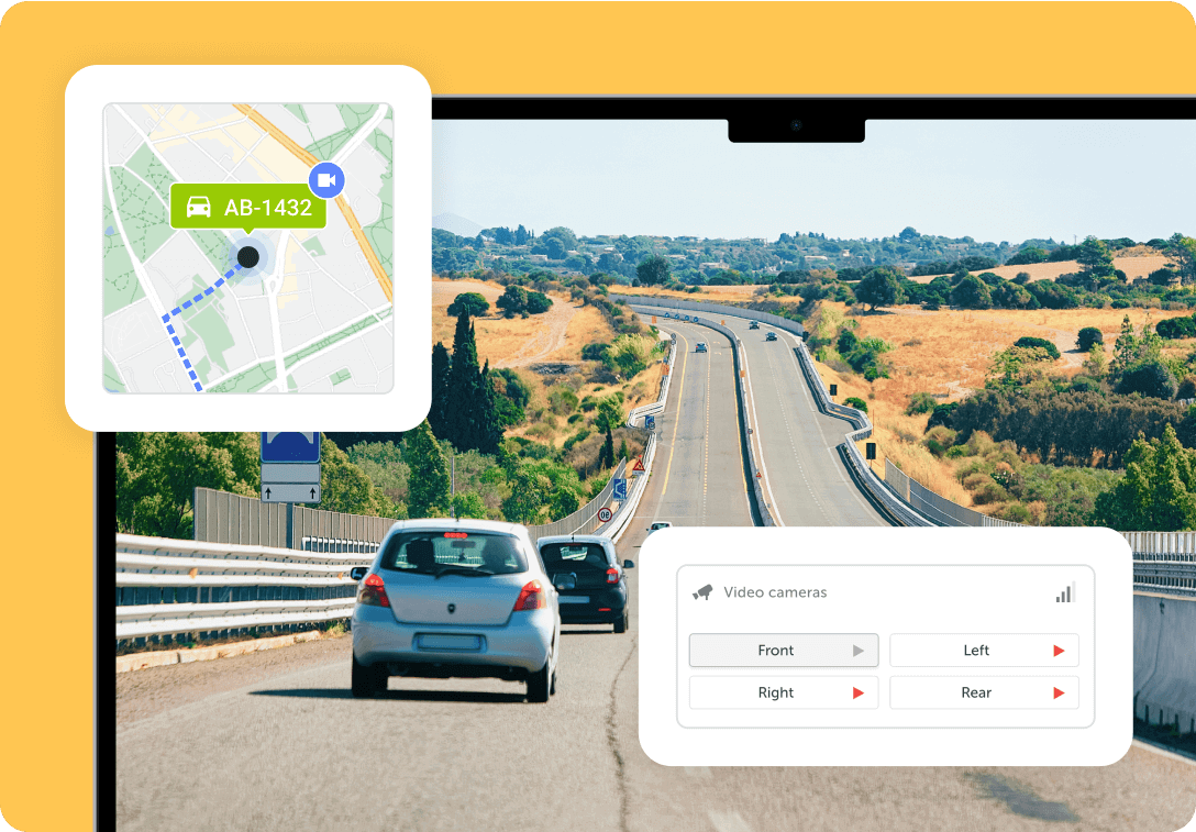 Фотография дороги с машинами, оснащенными системами камер. Наложенная графика показывает скриншоты из раздела платформы Mapon, посвященного камерам.