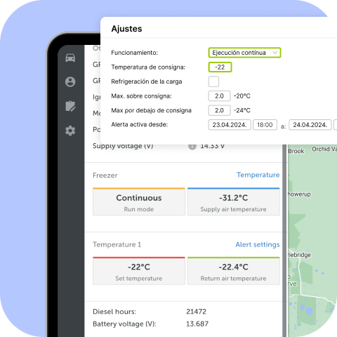 Captura de pantalla del software Mapon de monitorización de la cadena de frío, que muestra un panel de control de ajustes con el modo de funcionamiento y la temperatura de consigna de la carga.