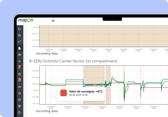 Captura de pantalla de la plataforma Mapon que muestra la temperatura de consigna en la supervisión de la cadena de frío.