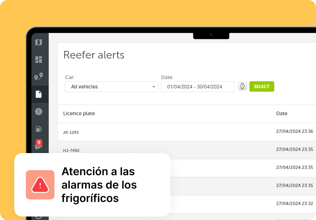 Una captura de pantalla de la plataforma Mapon que muestra las notificaciones de la cadena de frío que se envían a través de la plataforma.