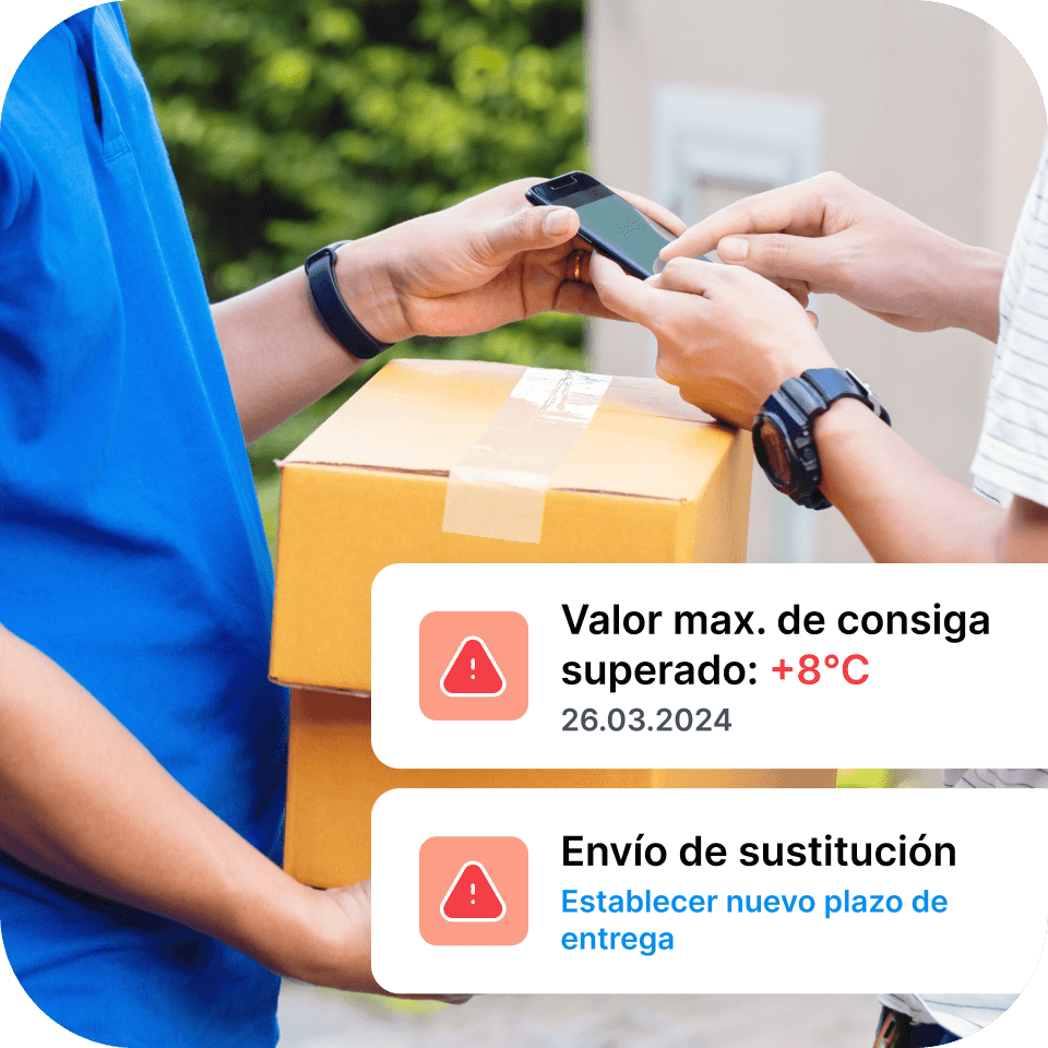 Una foto de una persona entregando un paquete al cliente. Sobre la foto se colocan gráficos adicionales que muestran las alertas de la cadena de frío que pueden enviarse a través del sistema de supervisión de la cadena de frío de Mapon y las integraciones API.