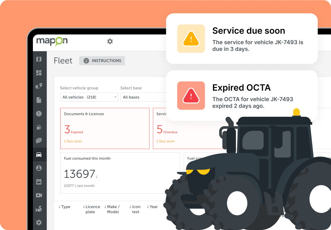 Fleet section on the Mapon platform, displaying document due dates, overall fuel consumption, and alerts.