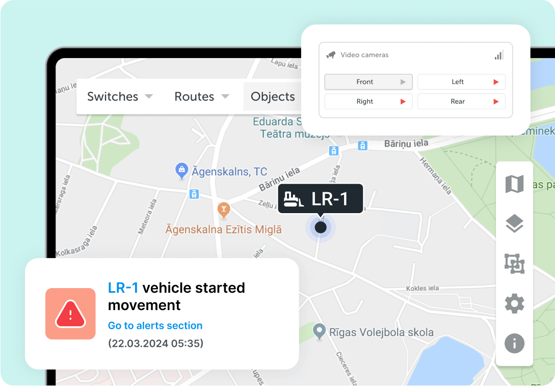 A vehicle's location visible on Mapon platform's live map, with additional information regarding alerts and cameras.