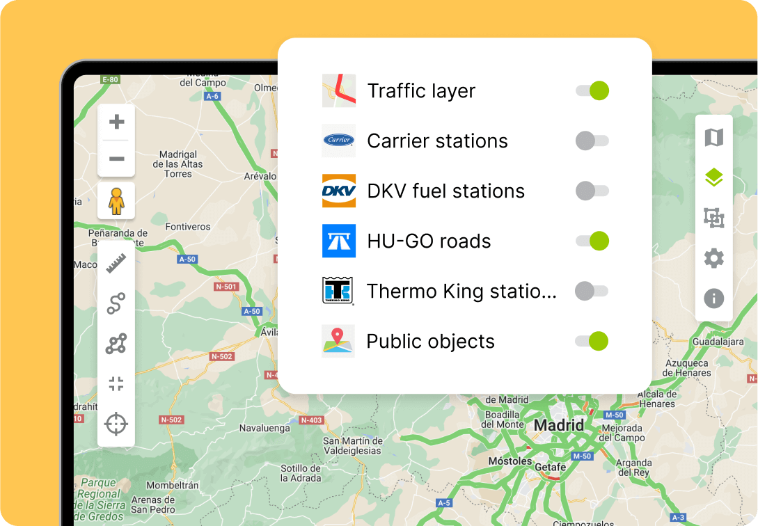 A map screenshot taken at the Mapon fleet tracking system demonstrates the wide range of available map layers, such as the traffic layer, fuel stations layer, public objects layer, and many more.