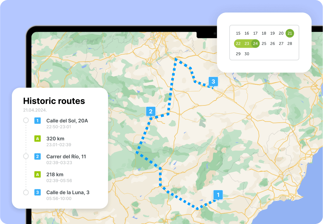 Mapon GPS izsekošanas sistēmas ekrānuzņēmums, kas demonstrē kalendāru un vēsturiskos maršrutus, ko veicis izsekotais transportlīdzeklis.