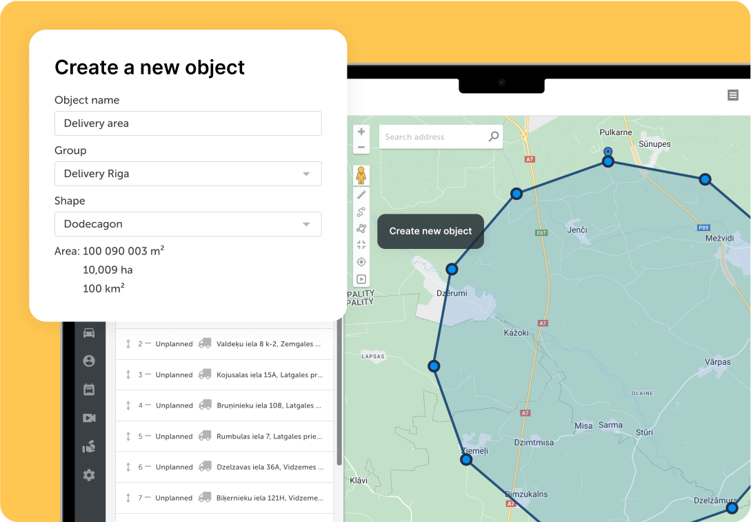 Mapon autoparka izsekošanas platformas ekrānuzņēmums, kas parāda iespēju pievienot geozonas tiešsaistes GPS izsekošanas kartei.