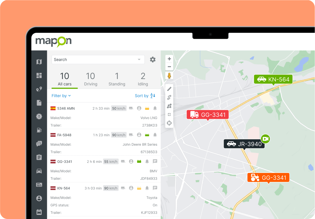 Скриншот платформы Mapon, показывающий раздел GPS-мониторинга автопарка с информационной панелью отслеживаемого транспортного средства.