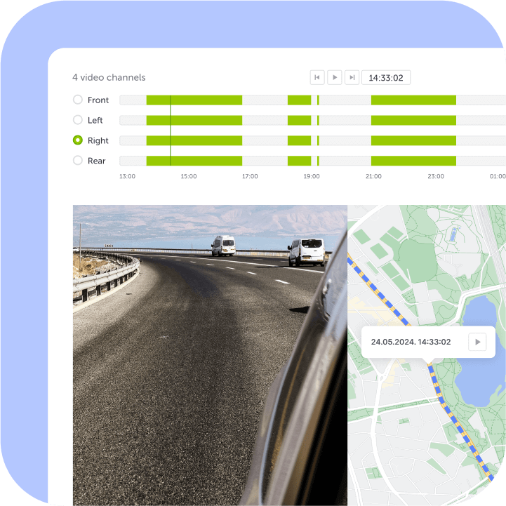 Ekrano kopijų koliažas iš „Mapon“ autoparko valdymo platformos, vaizduojantis autoparko sekimą per GPS kartu su vaizdo duomenimis iš borto kamerų.