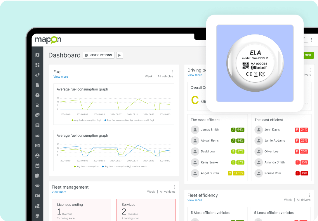 Mapon platform dashboard with fuel graphs and an image of BLE tracker.