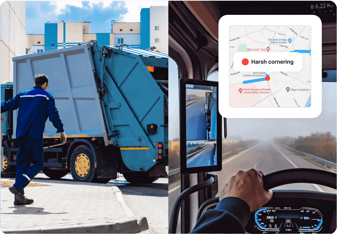 A waste management worker near a garbage truck, a driver checking a camera monitor, and a Mapon platform overlay detecting harsh cornering.