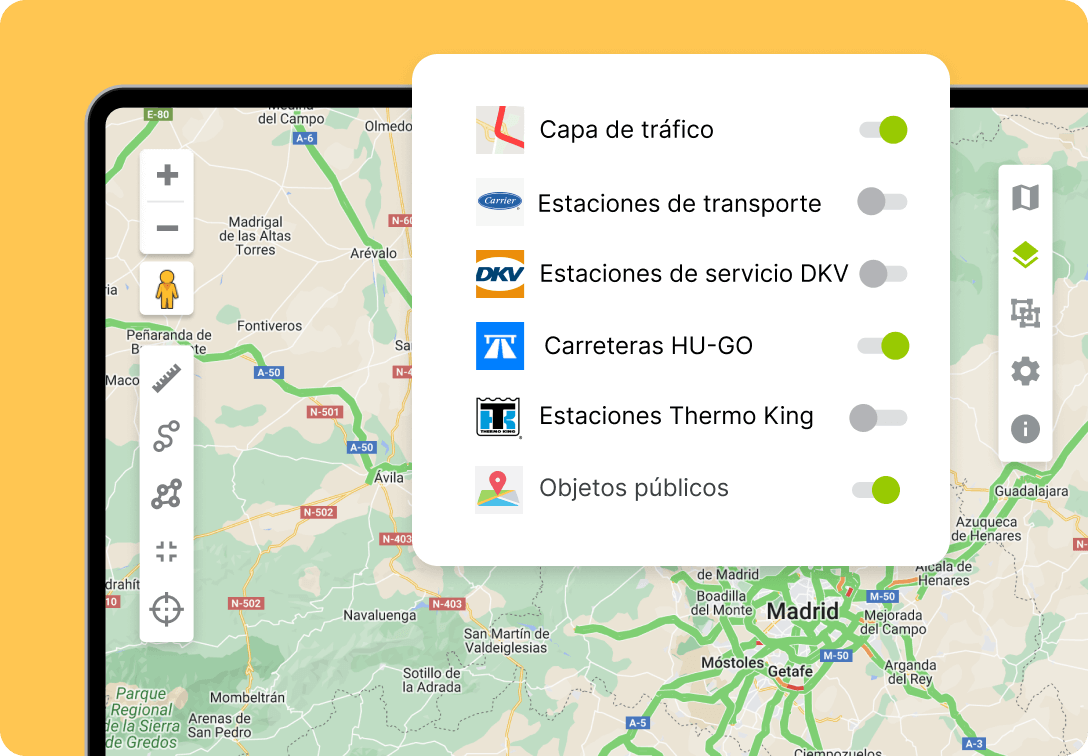 Una captura de pantalla de mapa tomada en el sistema de seguimiento de flotas Mapon demuestra la amplia gama de capas de mapa disponibles, como la capa de tráfico, la capa de estaciones de servicio, la capa de objetos públicos y muchas más.