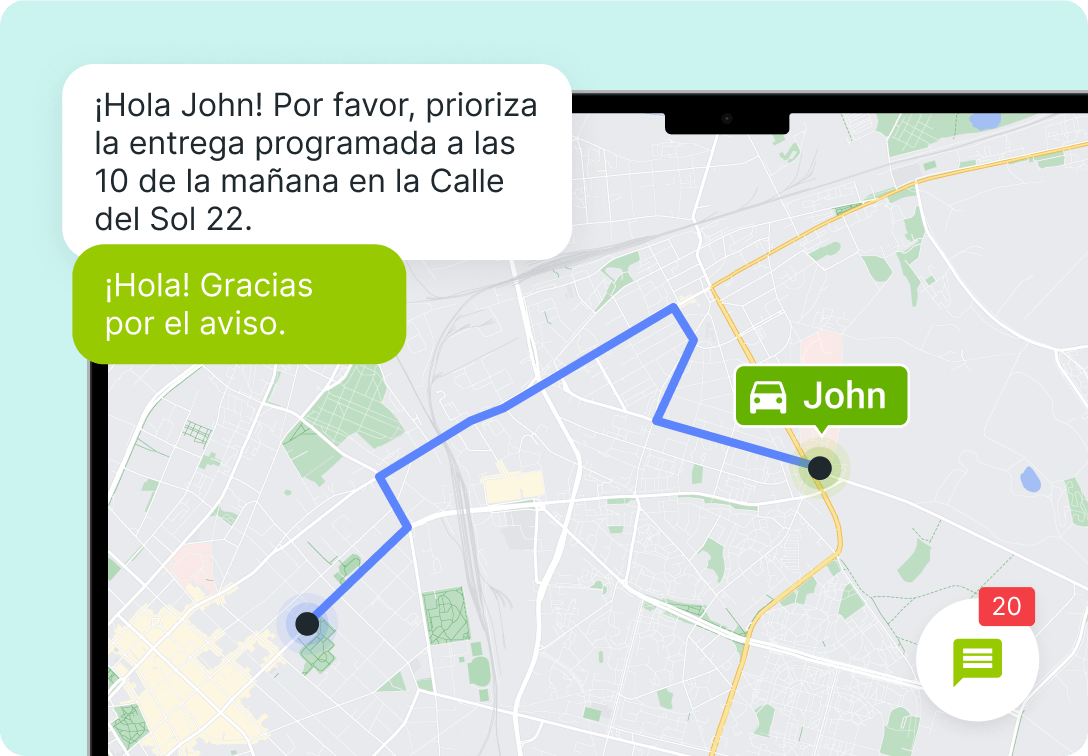 Una captura de pantalla del sistema de seguimiento de flotas por GPS de Mapon, mostrando la ruta en el mapa de seguimiento por GPS online, superpuesta a una charla entre el conductor y el gestor.