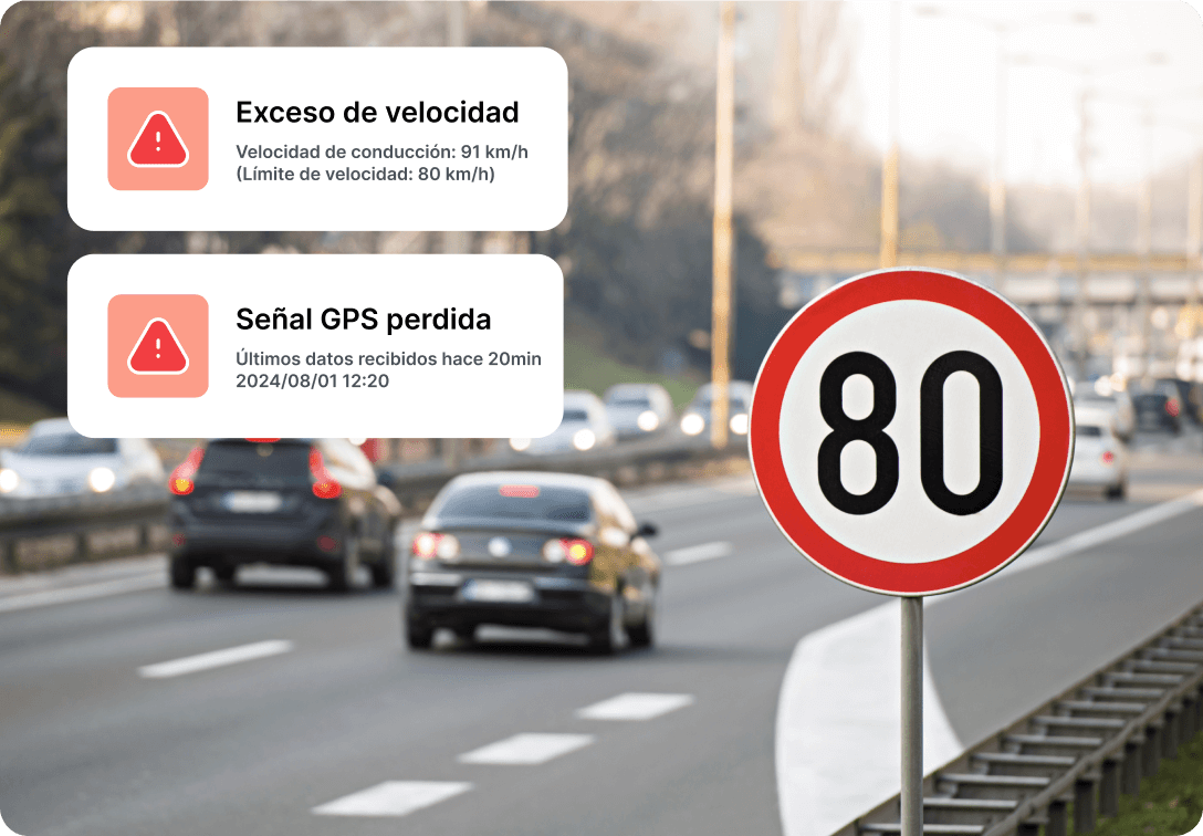 Una foto de una carretera con coches circulando, superpuesta con alertas del sistema de localización de flotas por GPS de Mapon que indican «Exceso de velocidad» y «Señal GPS perdida».