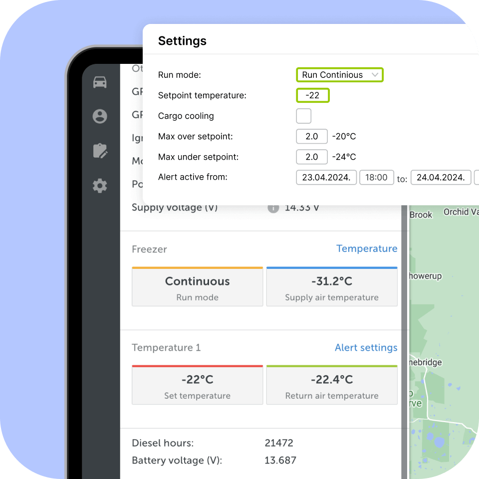 Et skærmbillede fra Mapons software til kølekædeovervågning viser et indstillingsdashboard, hvor man kan se driftstilstand og referencetemperatur for lasten.