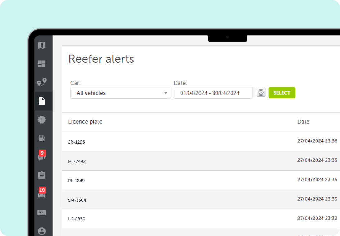 Et skærmbillede fra Mapons overvågningssystem for kølekæder, hvor man kan se notifikationer fra køle-/frysevogne.