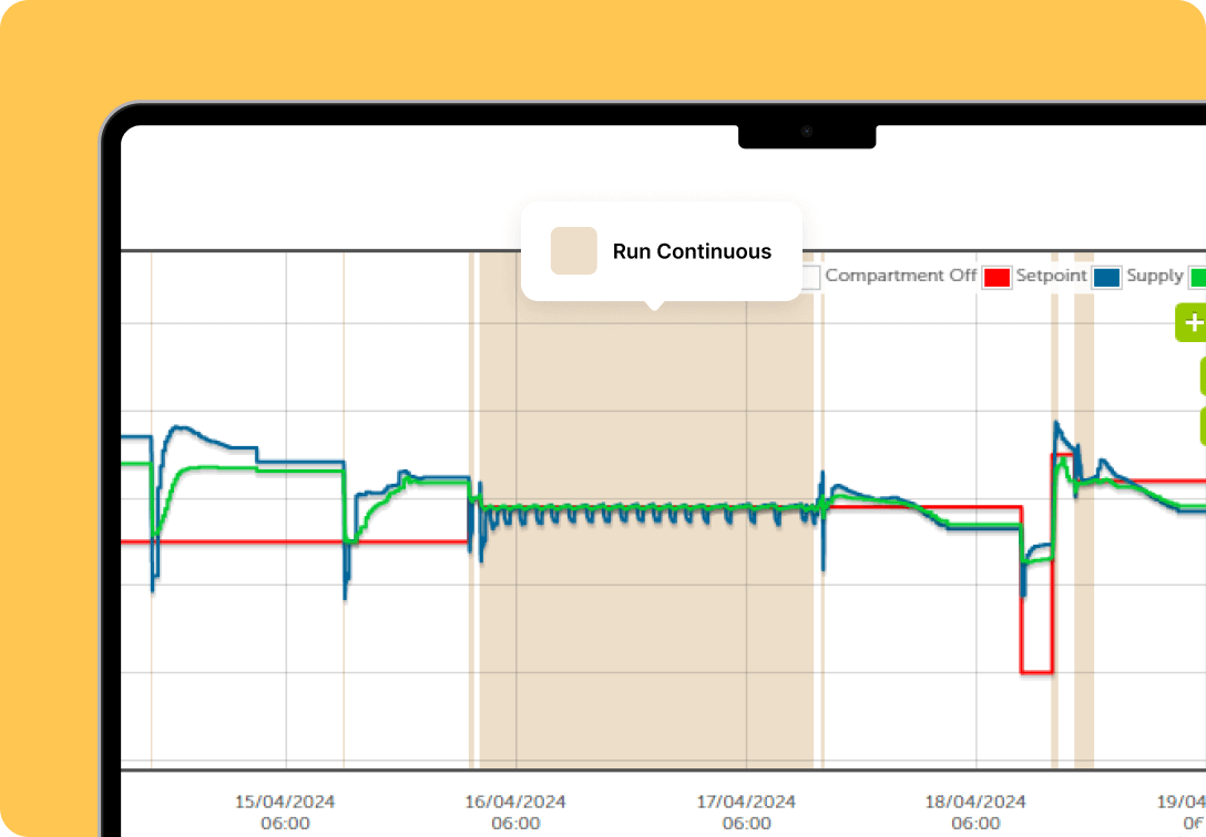 Et skærmbillede fra Mapon-platformen, hvor man kan se den valgte driftstilstand i forbindelse med kølekædeovervågning.