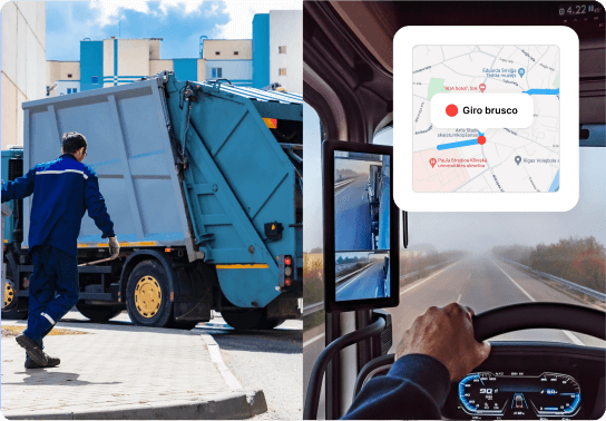 Un trabajador de gestión de residuos cerca de un camión de basura, un conductor comprobando el monitor de una cámara, y una superposición de la plataforma Mapon detectando un viraje brusco.