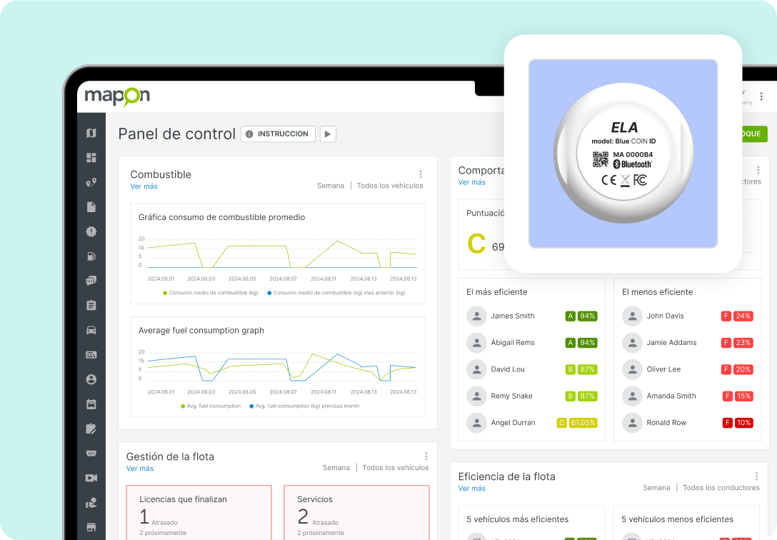Panel de la plataforma Mapon con gráficos de combustible y una imagen del rastreador BLE.