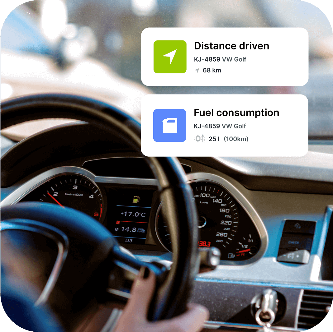 Automobilį vairuojančio asmens nuotrauka su papildoma grafika, rodančia nuvažiuotą atstumą ir sunaudotus degalus.