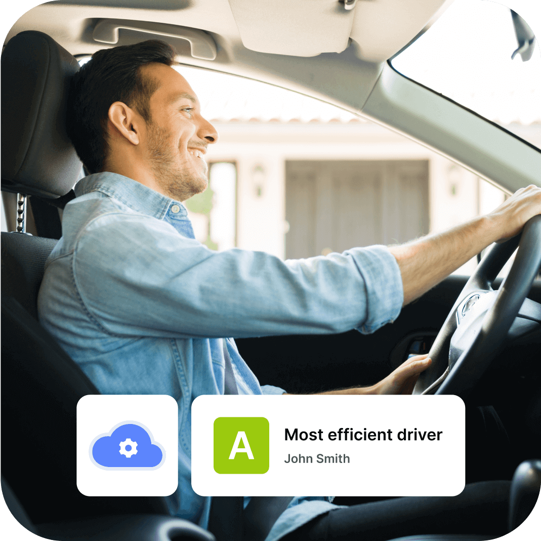 Transporto priemonę vairuojančio asmens nuotrauka su grafinėmis piktogramomis virš nuotraukos su užrašu „Efektyviausias vairuotojas“.