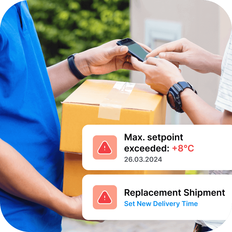 Ett foto av en person som levererar ett paket till kunden. Ytterligare grafik läggs över fotot som visar temperaturvarningar som kan skickas via Mapons temperaturövervakningssystem och API-integrationer.
