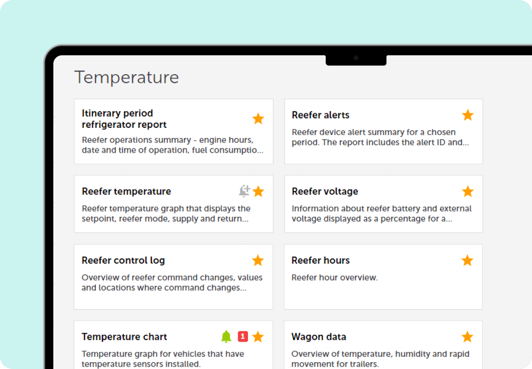 En skärmdump från Mapon-plattformen som visar plattformens instrumentpanel med olika temperaturrapporter som underlättar temperaturövervakningen.