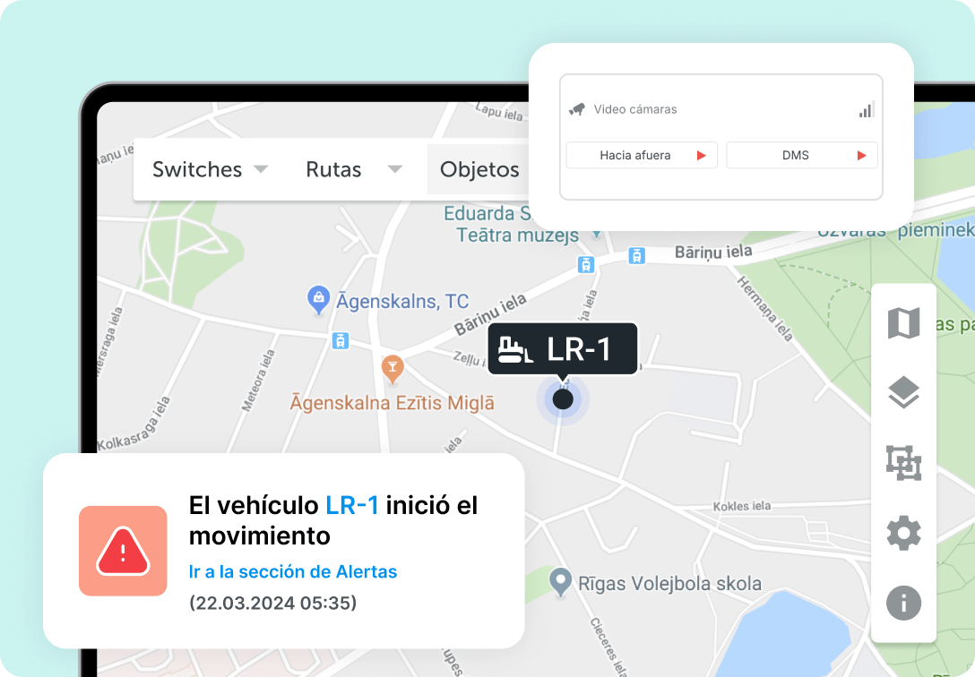 Localización de un vehículo visible en el mapa en directo de la plataforma Mapon, con información adicional sobre alertas y cámaras.