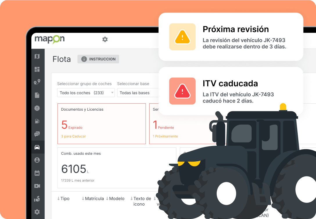 Sección de flota en la plataforma Mapon, que muestra las fechas de vencimiento de los documentos, el consumo total de combustible y las alertas.