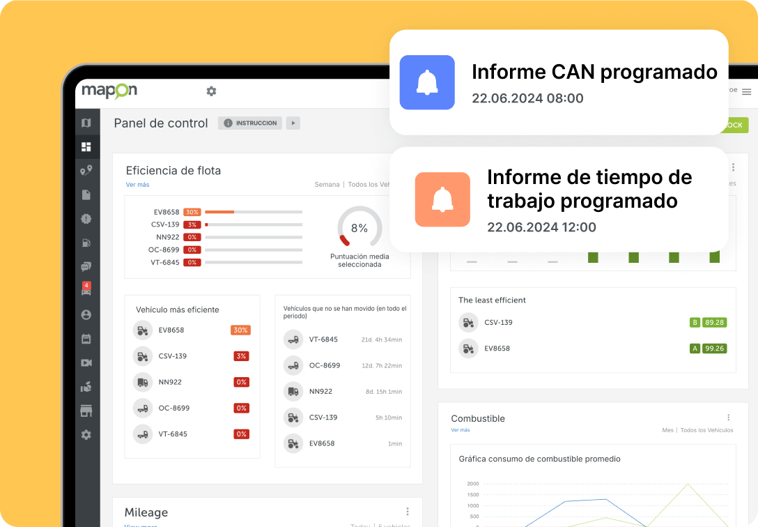 Cuadro de mandos de la plataforma Mapon que muestra datos sobre la eficiencia de la flota, tendencias del combustible e informes programados.