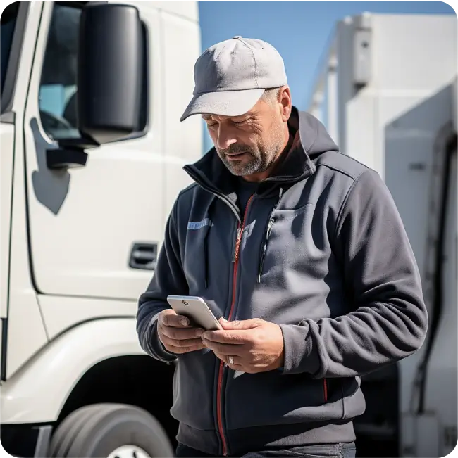 A driver standing next to a white truck and checking tachograph remote download software on his phone.