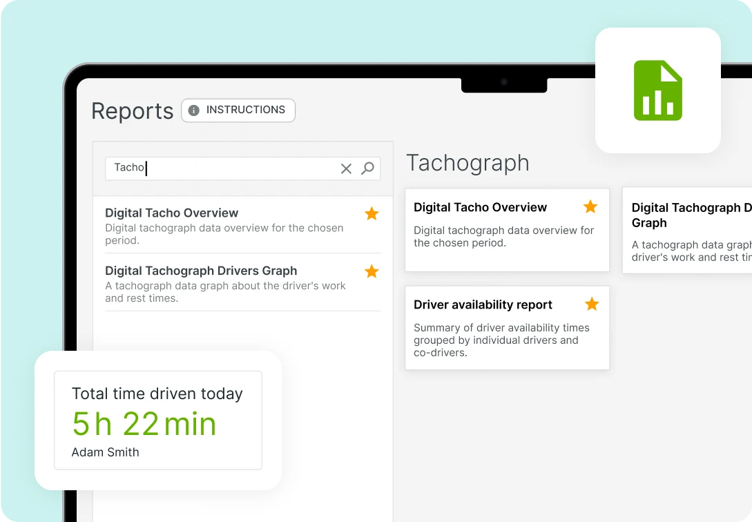 Mapon platform view demonstrating remote tachograph download section showing tachograph reports including total time driven today.