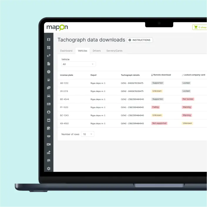 Desktop view of Mapon fleet management software used for tachograph remote download.