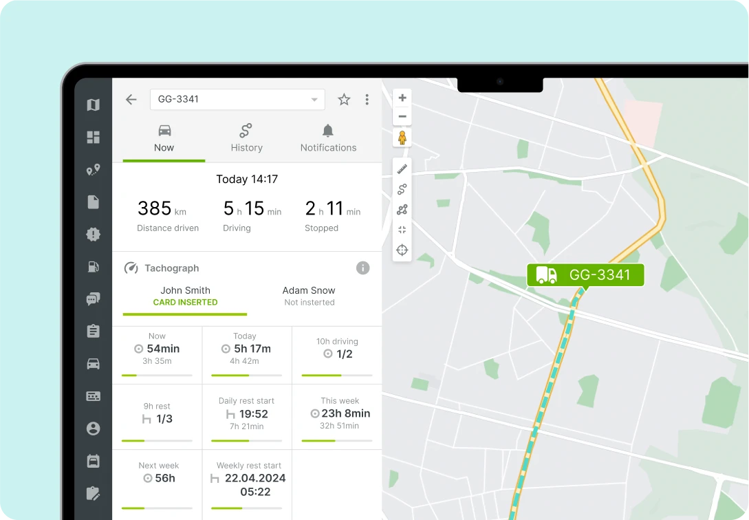 Mapon platform view demonstrating remote tachograph download section showing driving time info panel with data on time and distance driven.