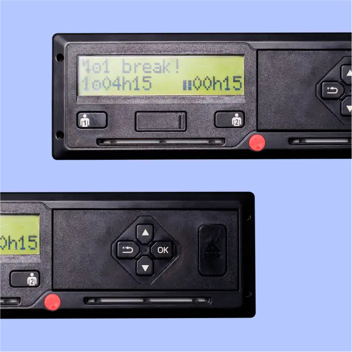 Two tachograph devices used for remote tachograph download displayed against a violet background.