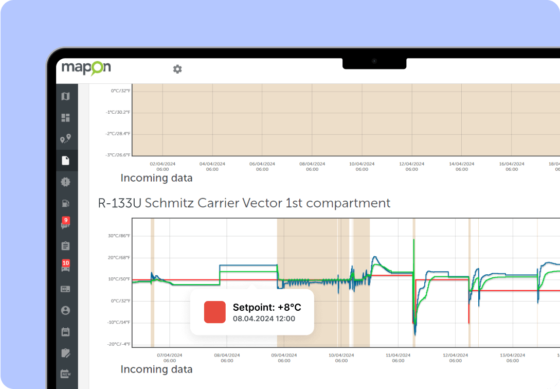 Скриншот платформи Mapon, що демонструє задану температуру під час моніторингу холодового ланцюга.