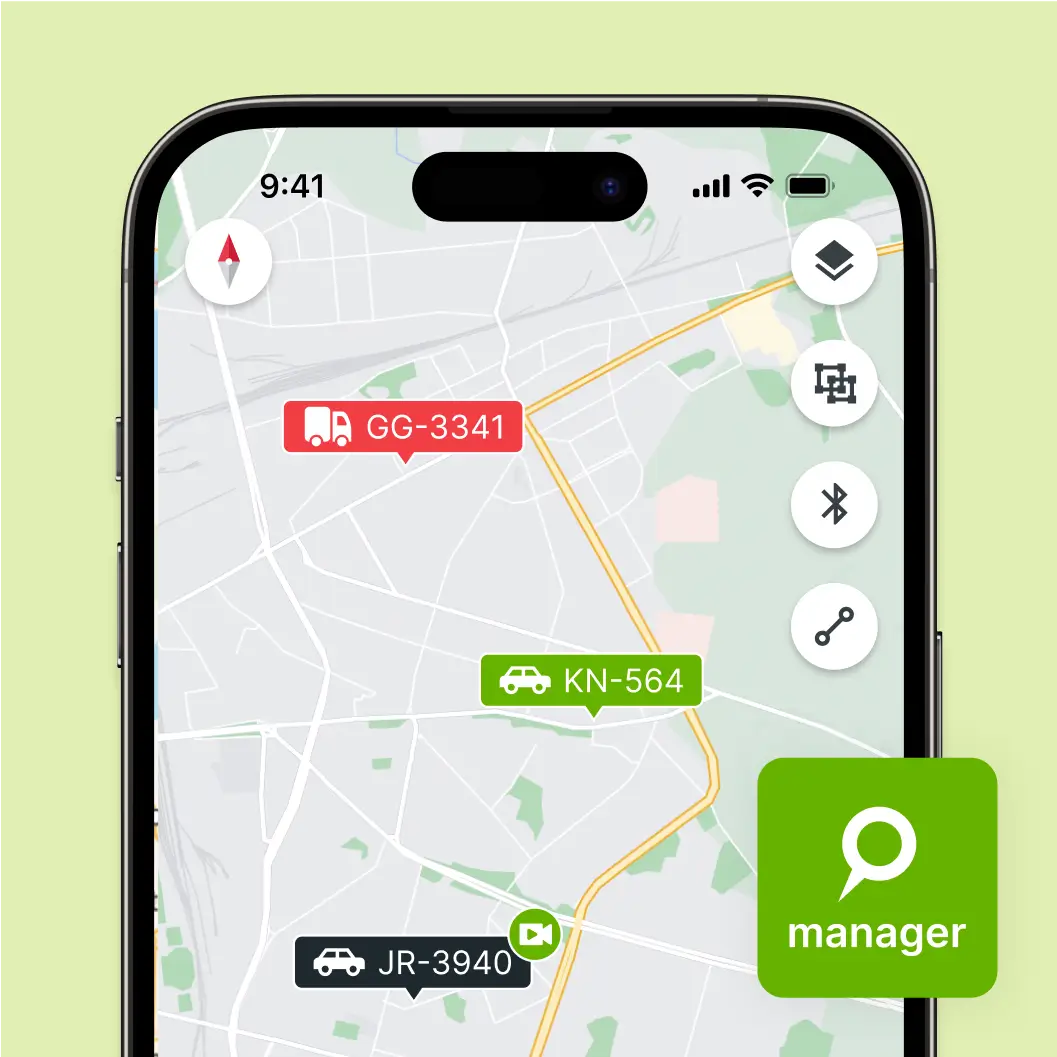 L'application Mapon Manager s'ouvre dans la section de suivi en temps réel avec tous les emplacements des véhicules de l'entreprise sur une carte en direct.