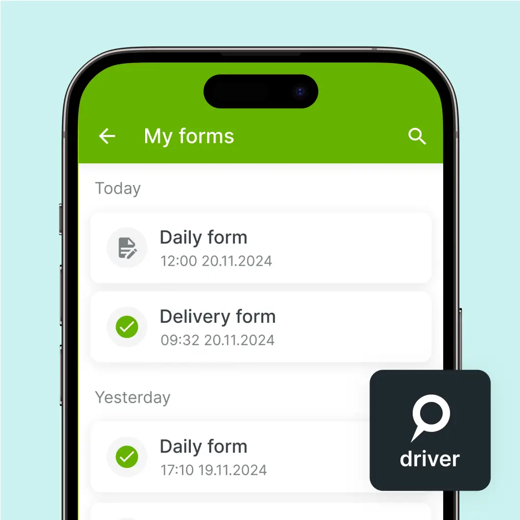 L'application Mapon Driver s'ouvre dans la section des formulaires numériques où les employés peuvent remplir et soumettre différents types de formulaires.