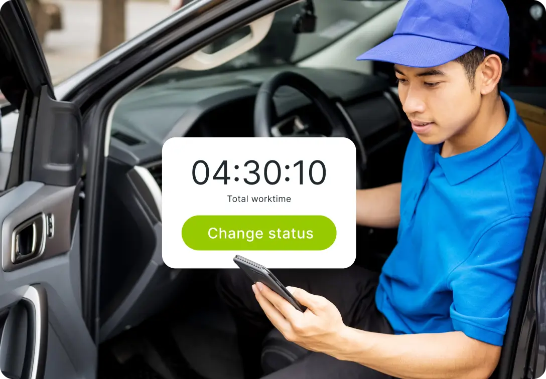 A person sitting in their car, checking their smartphone with the Mapon Driver fleet driver app, which calculates and displays the total work time.