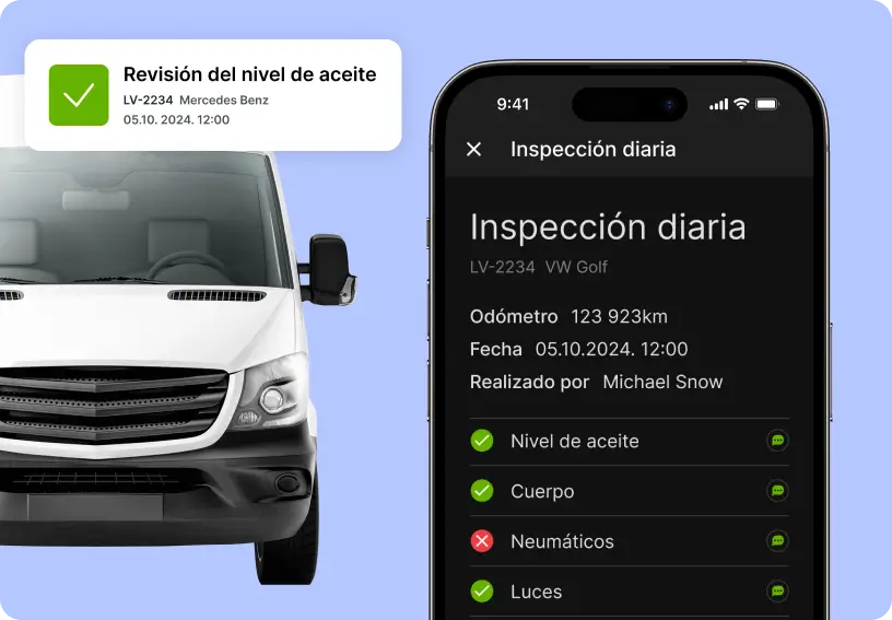 Captura de pantalla de la aplicación para conductores de flotas Mapon Driver que muestra la sección de inspección diaria de vehículos.