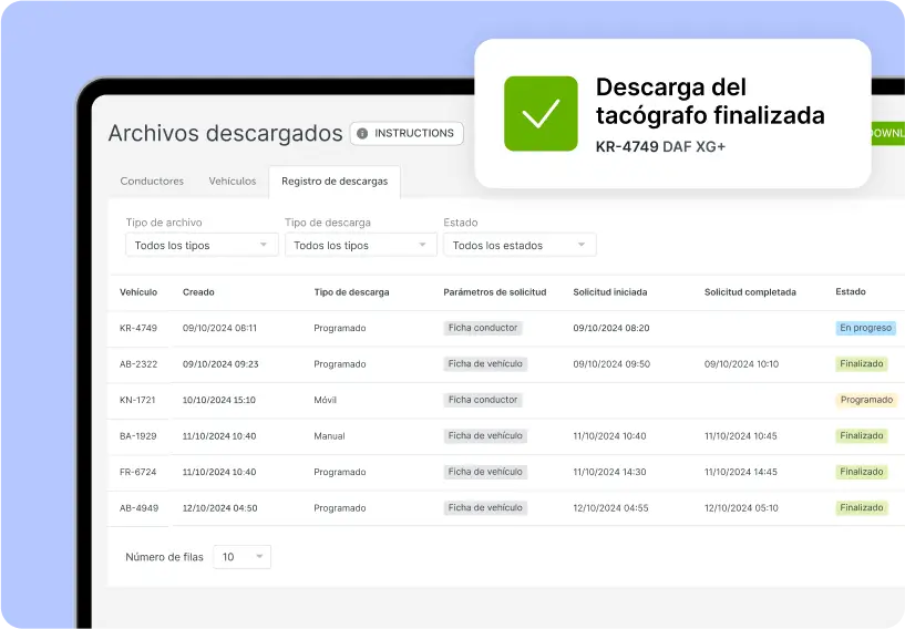 Vista de la plataforma Mapon que muestra la sección de descarga remota del tacógrafo mostrando los estados y datos de los archivos del conductor y del vehículo descargados.