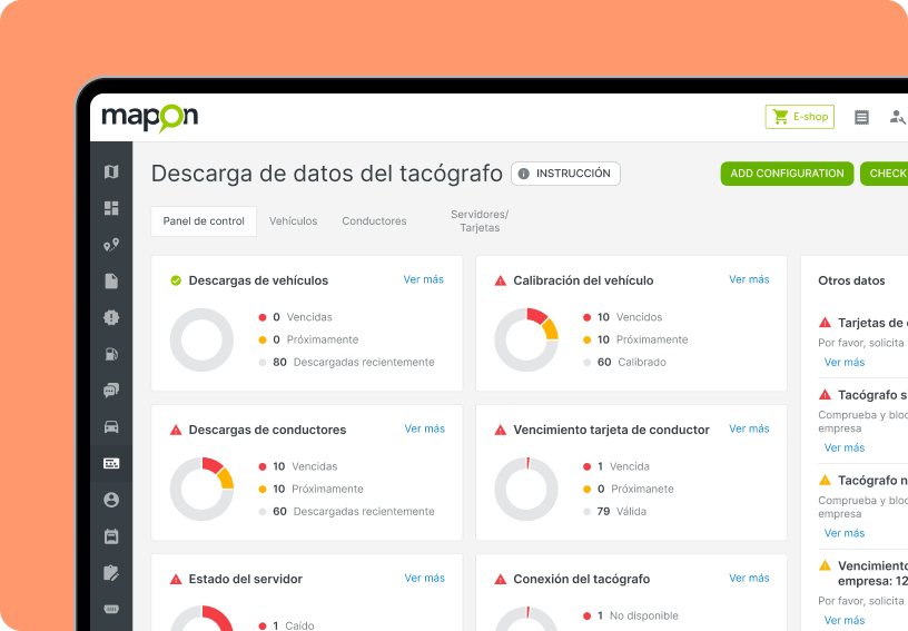 Vista de la plataforma Mapon en la que se muestra la sección de descarga del tacógrafo a distancia, con el panel de información crucial sobre el conductor y el vehículo en un solo lugar.