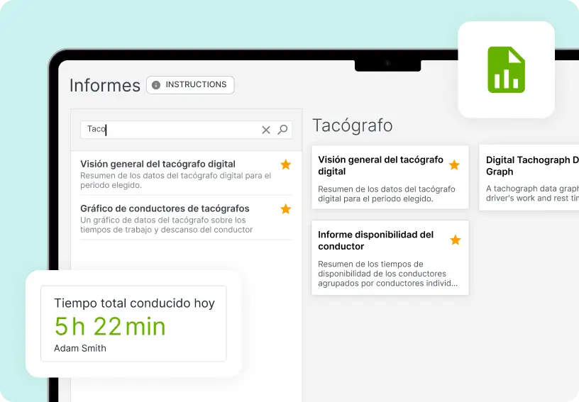 Vista de la plataforma Mapon que muestra la sección de descarga remota del tacógrafo con los informes del tacógrafo, incluido el tiempo total conducido hoy.