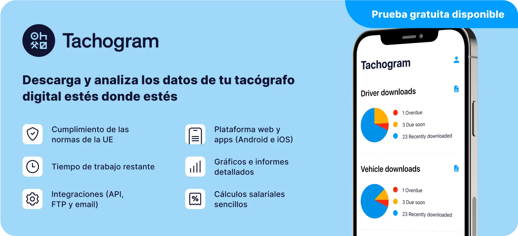 Infografía que demuestra las principales ventajas de Tachogram, una herramienta de descarga y análisis de datos de tacógrafo a distancia.