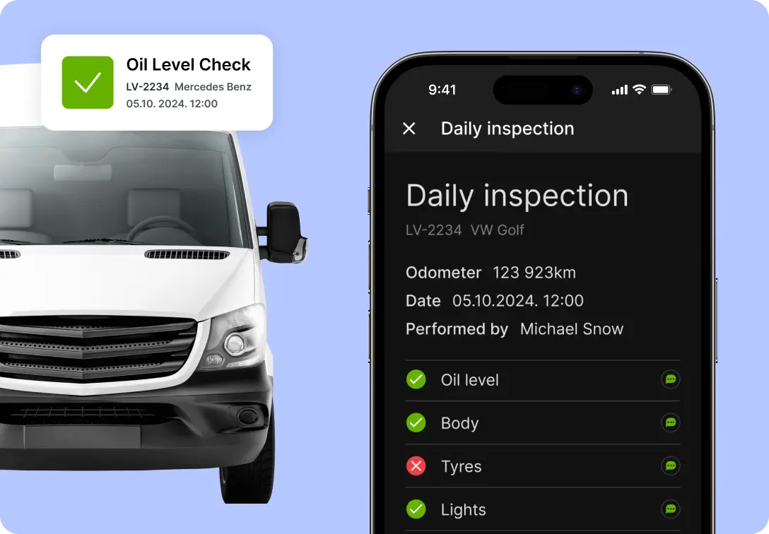 A screenshot of the Mapon Driver fleet driver app showing the daily vehicle inspection section.