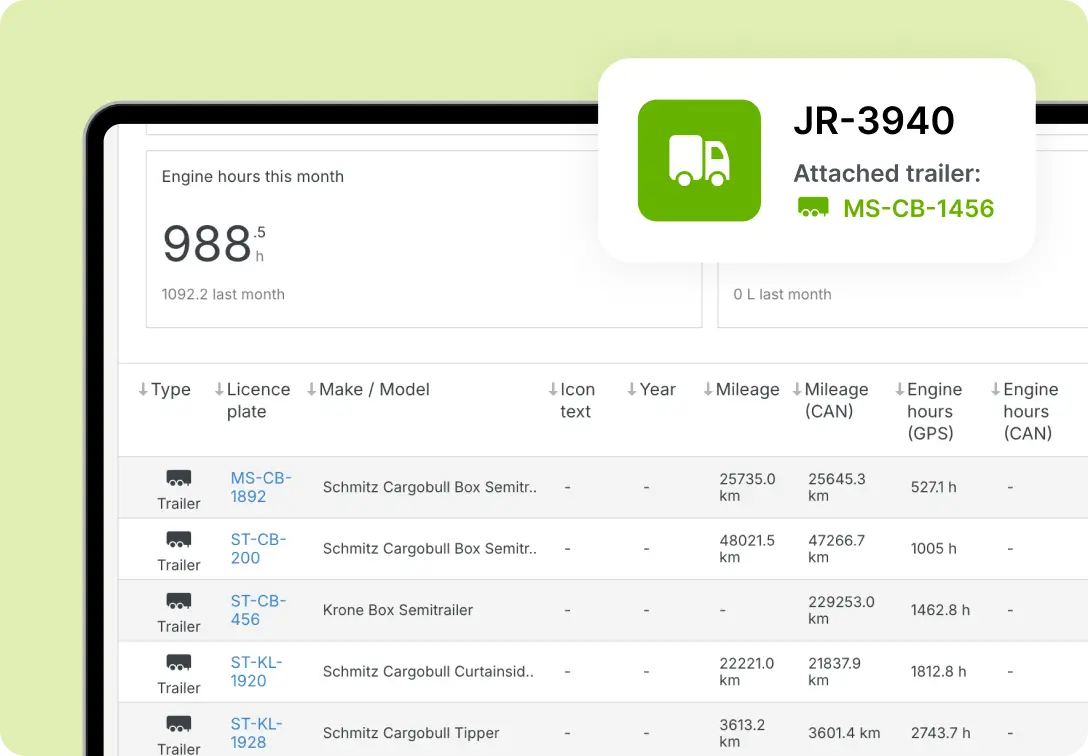 Fleet section on the Mapon platform, with list of trailers.