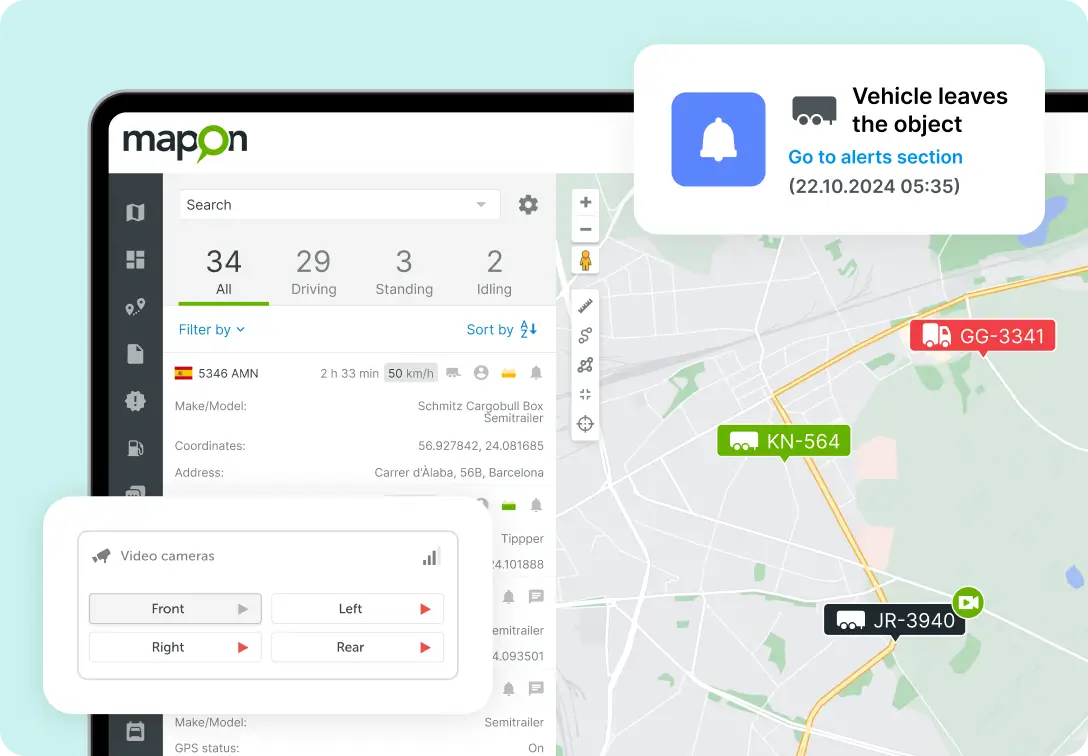 Live map view in the Mapon platform, with locations of multiple trailers.