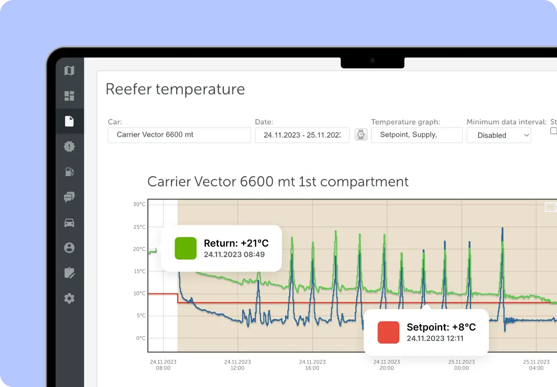 Reefer temperature section of the Mapon platform, with temperature graph readings.