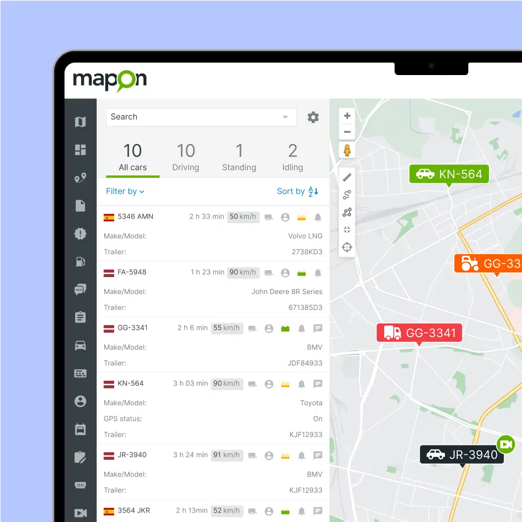 Mapon fleet management platform toont de voertuigen van het bedrijf op de live kaart.